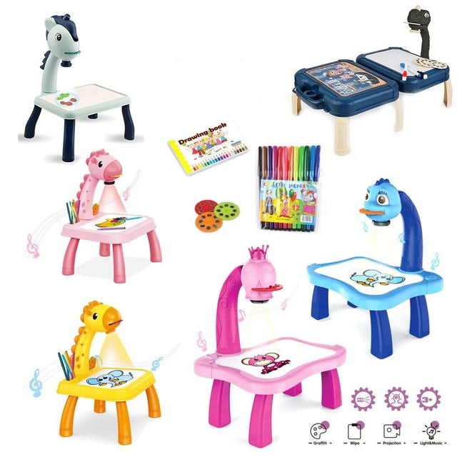 Set of colorful children's art tables with various accessories