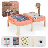 Children's toy table with dinosaur design, including a child playing with it, the product itself, and additional accessories