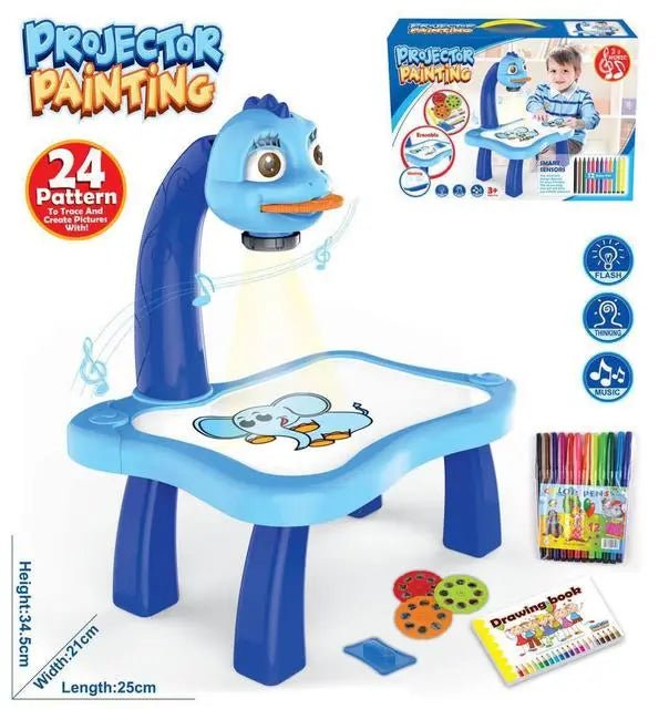 Projector painting toy with blue duck design, packaging, and accessories 