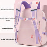 Pink backpack with purple straps and features labeled