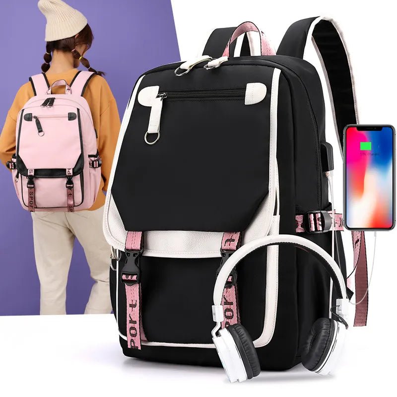 Black backpack with pink accents, a person wearing a pink backpack, and a smartphone with a colorful display.