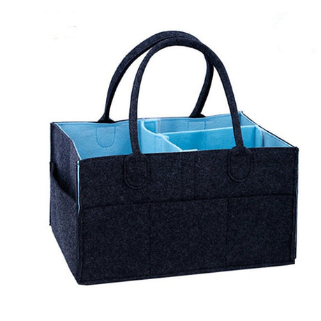 Black fabric tote with blue interior 