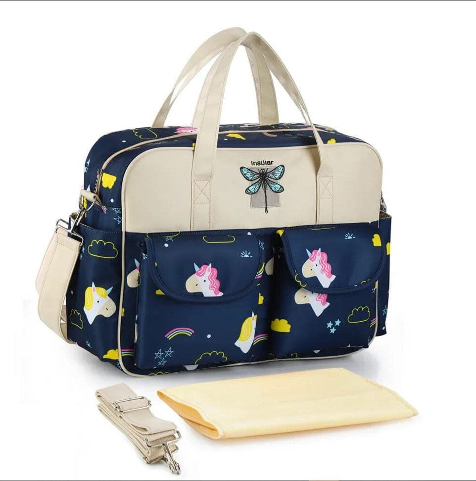 Navy blue diaper bag with colorful patterns