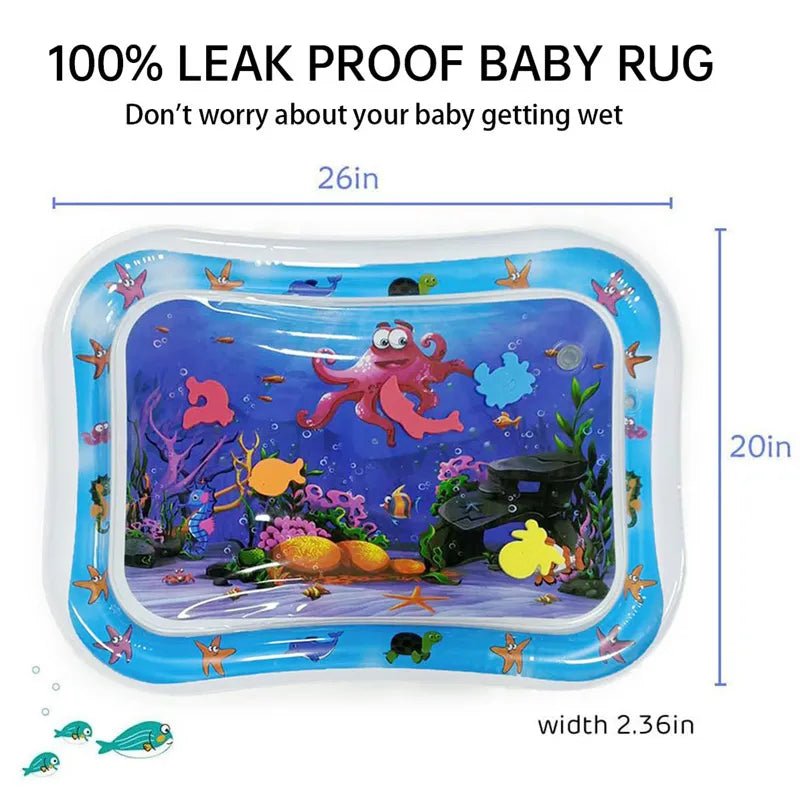 Leak-proof baby rug with underwater design and measurements.