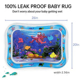 Leak-proof baby rug with underwater design and measurements on a white background