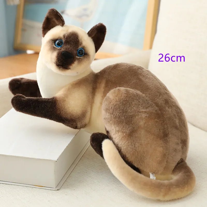 Plush toy cat with Siamese breed characteristics.