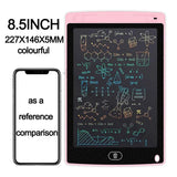 8.5-inch electronic writing pad with mathematical equations on the screen, next to a smartphone for size comparison.