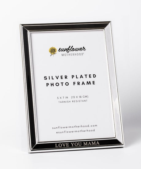 Silver-plated photo frame with 'sunflower Motherhood' branding.