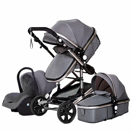 Gray baby stroller with canopy and bassinet