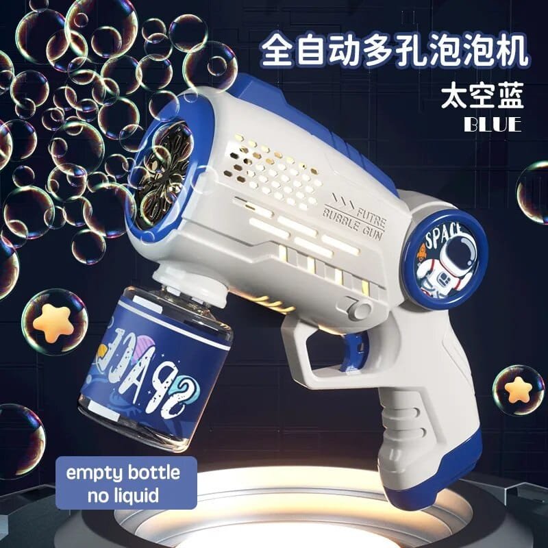 Bubble gun with 'Space' branding and bubbles.