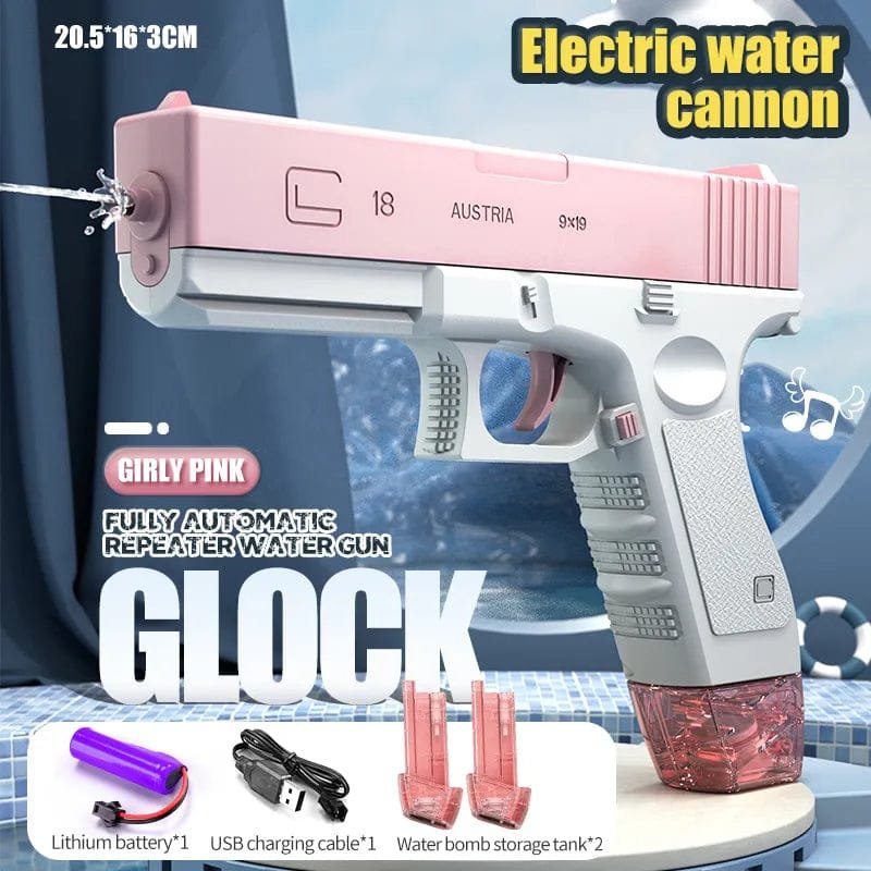 Pink and white electric water cannon with water being sprayed, labeled 'Glock'.