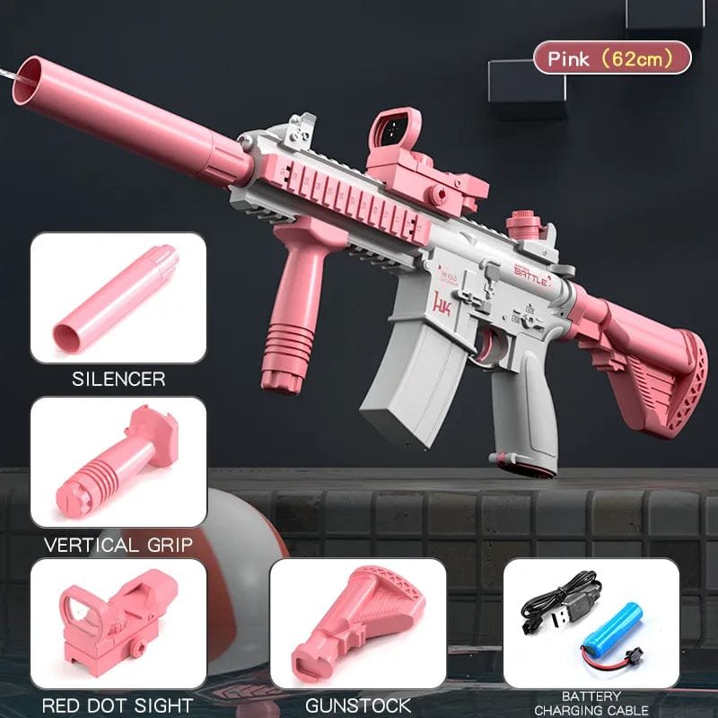 Pink toy rifle with attachments