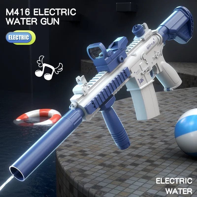 Blue and white electric water gun on a dark background with water splashing out.