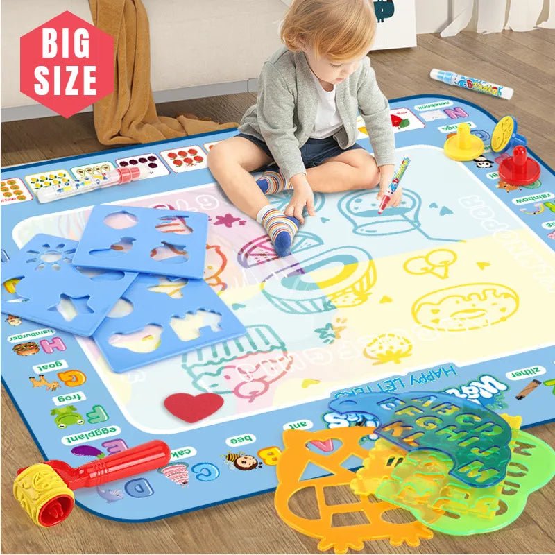 Child playing on a large educational mat with various shapes and letters.