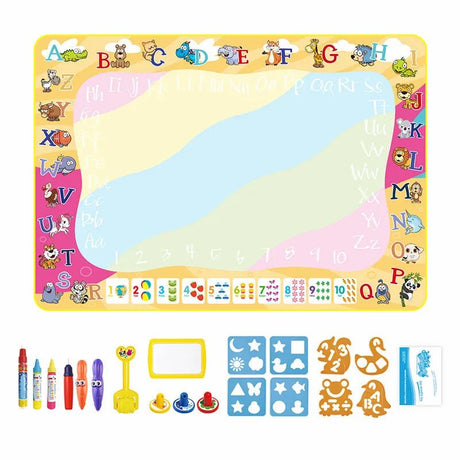 Children's educational mat with letters, numbers, and various toys.