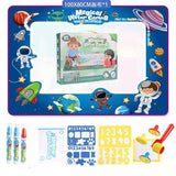 Space-themed drawing mat with watercolor pens and stickers.
