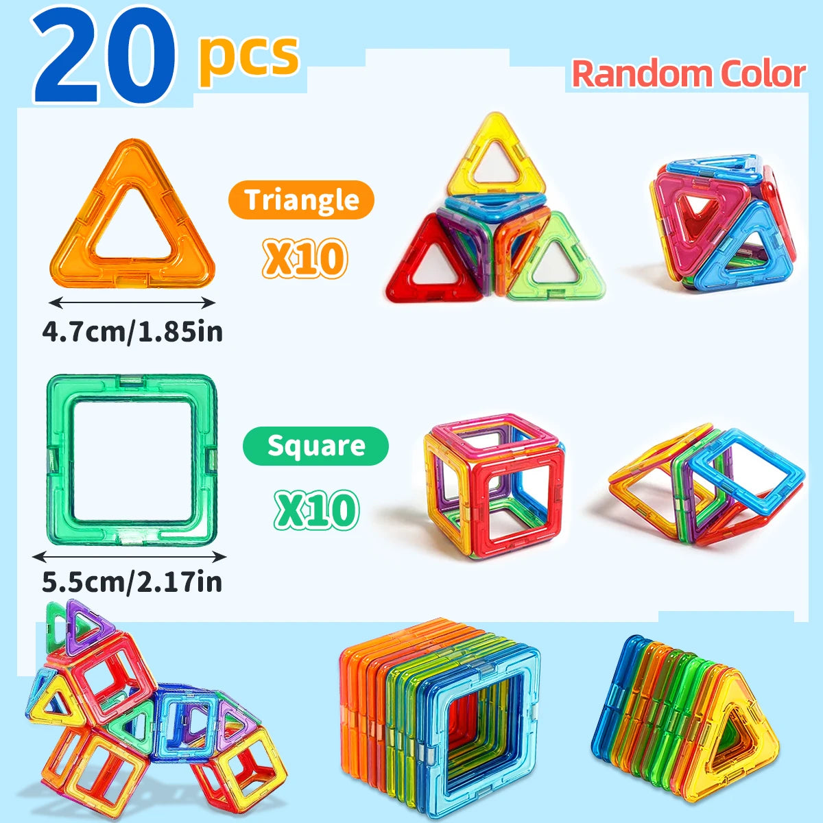 Set of colorful magnetic building blocks with triangle and square shapes.