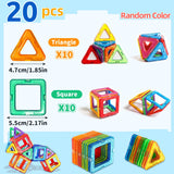 Set of colorful magnetic building blocks with triangle and square shapes.