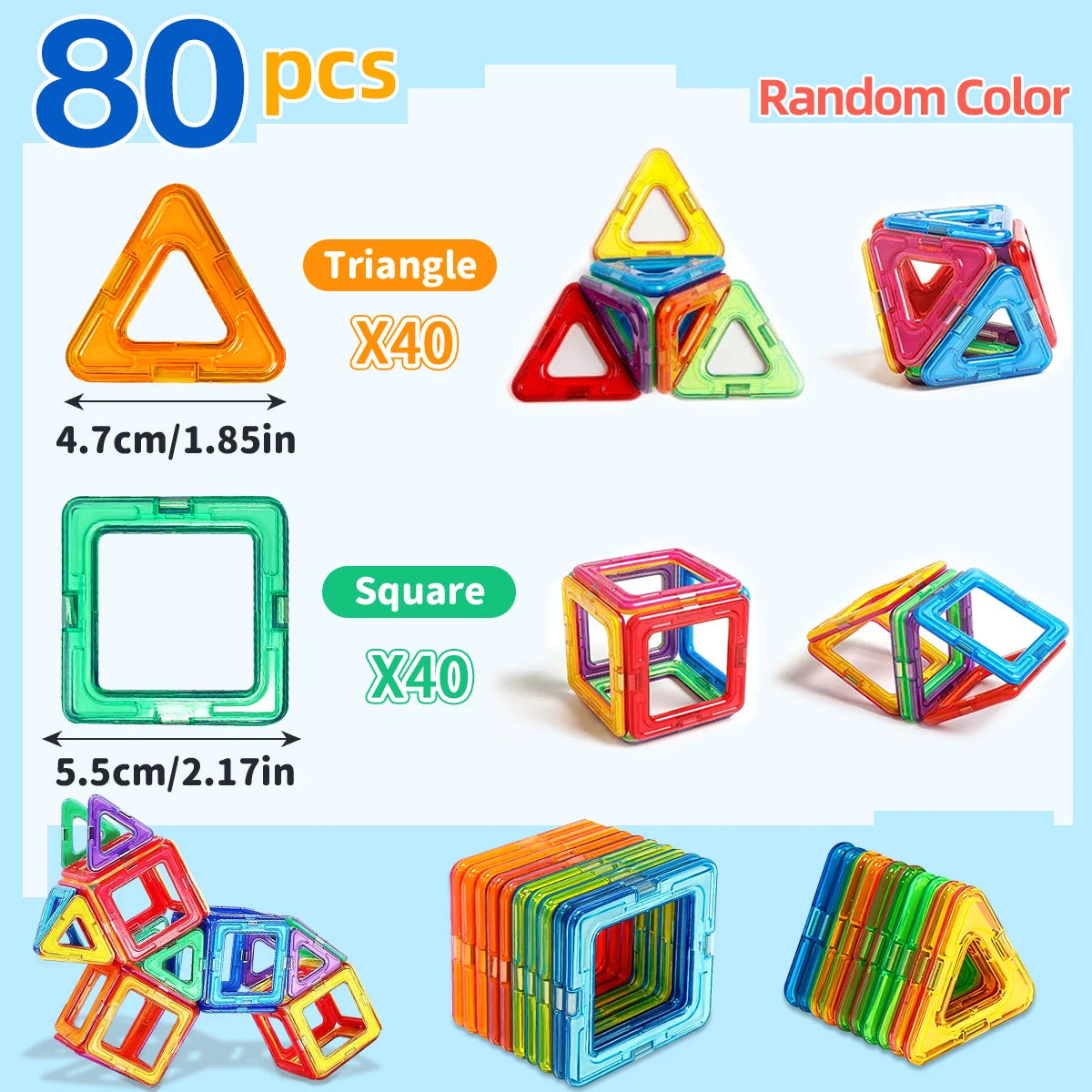 Set of colorful magnetic building blocks with triangle and square shapes.