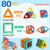 Set of colorful magnetic building blocks with triangle and square shapes.