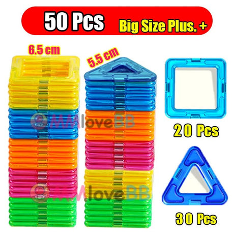 Colorful geometric shape building blocks with size indicators.
