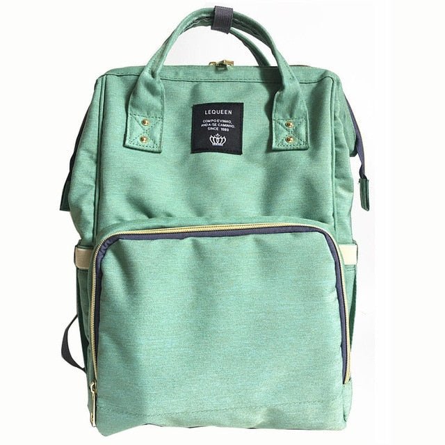 Green backpack with a visible brand label 