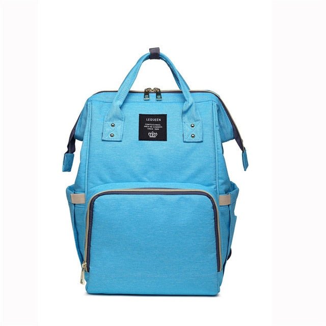 Blue backpack with a visible brand label 