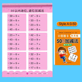 Mathematics practice cards with addition and subtraction problems on a pink background, accompanied by a book cover on a blue background.