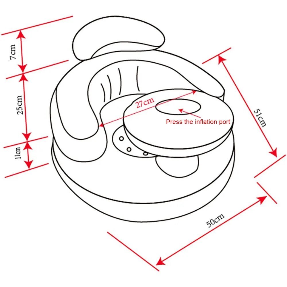 Measurement chart of a baby seat with dimensions labeled in centimeters.