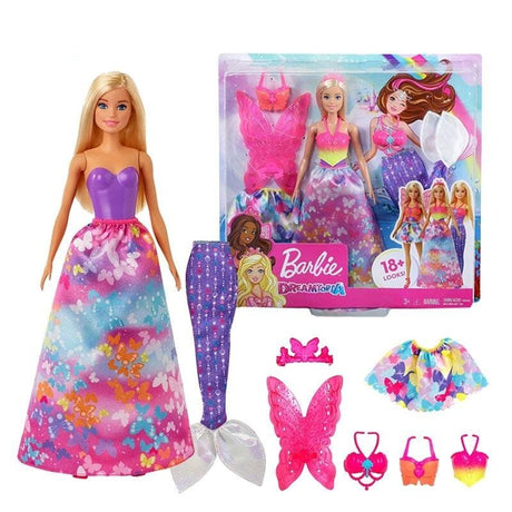 Barbie doll with colorful outfit and accessories next to its packaging