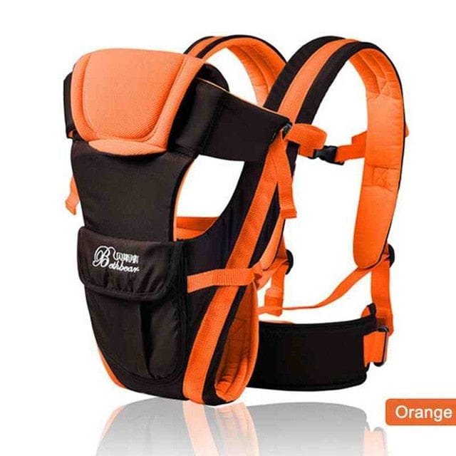 Orange and black baby carrier with a visible brand logo.