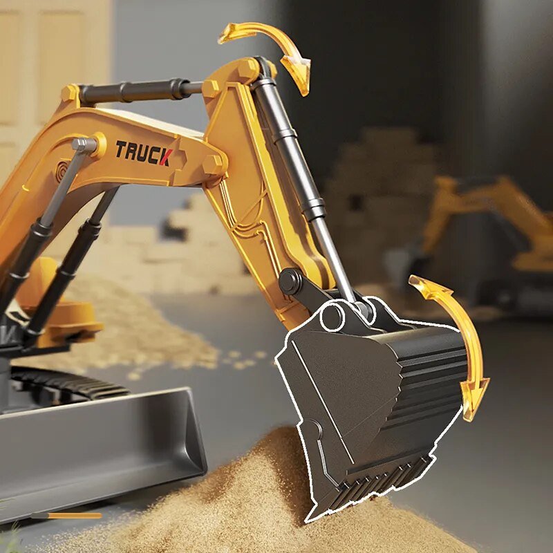 Toy excavator with a detailed model of an excavator bucket 