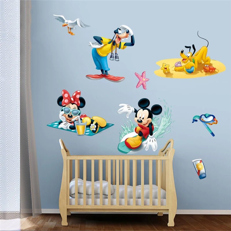 Cartoon character wall decals on a blue wall above a crib.