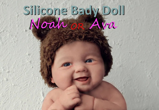 Silicone baby doll with bear ears labeled 'Noah' or 'Ava' on a plain background
