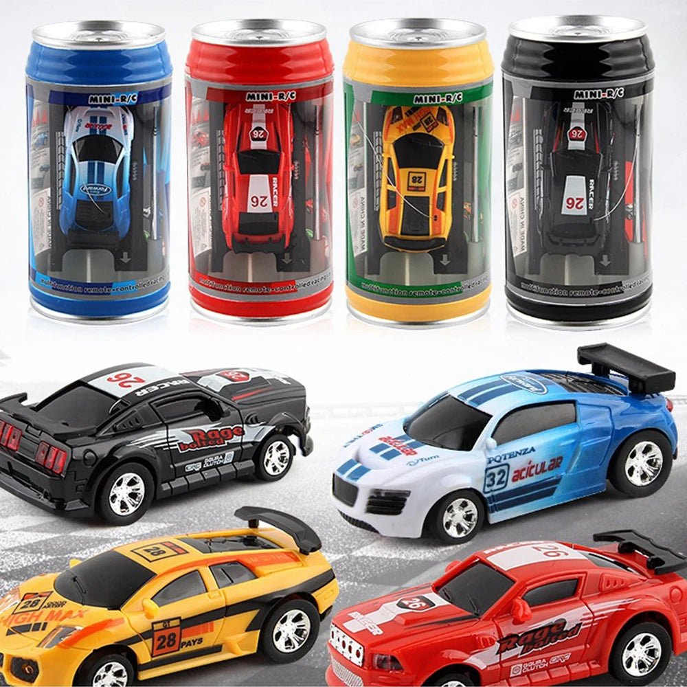 Collection of toy cars in can-shaped packaging
