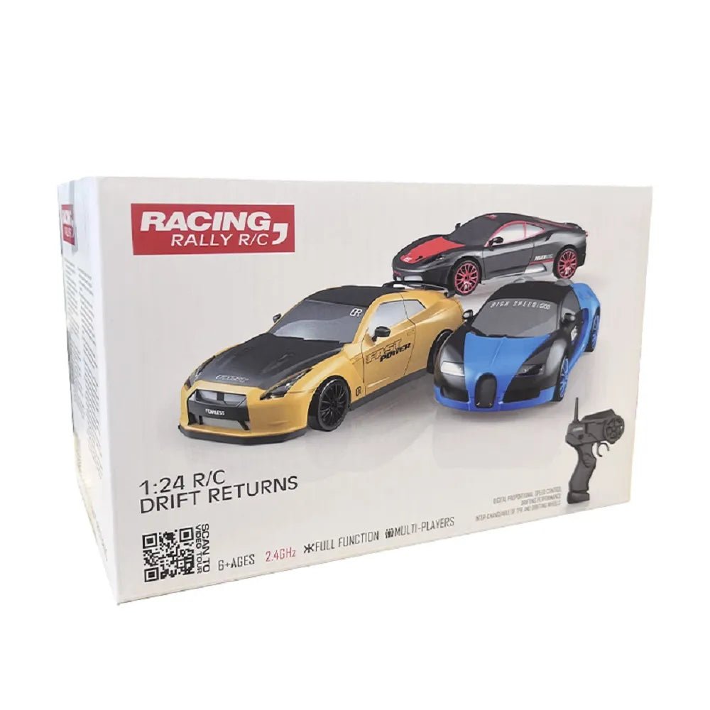 Racing Rally R/C toy car set packaging with two cars and a remote control 