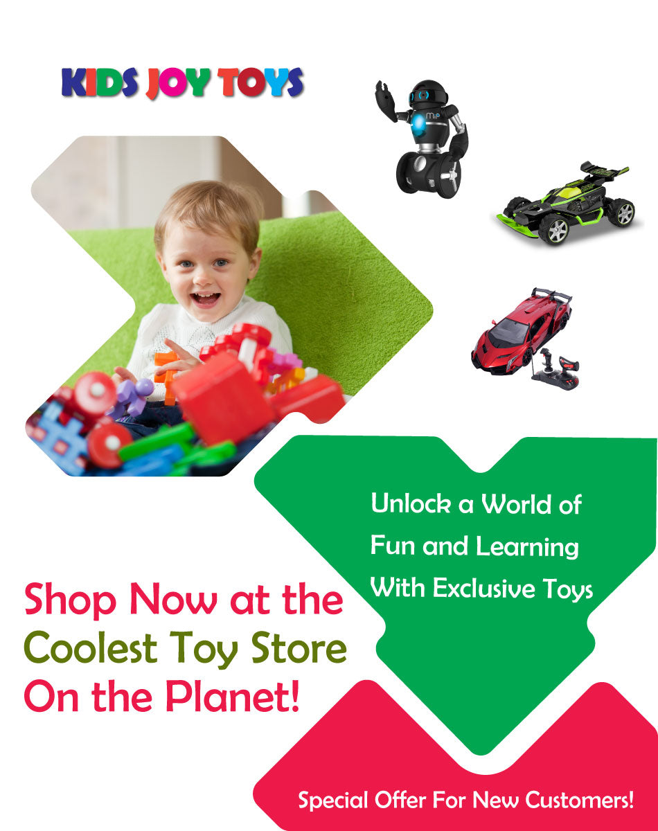 Advertisement for Kids Joy Toys with a child playing and toy vehicles, featuring colorful text and graphics.