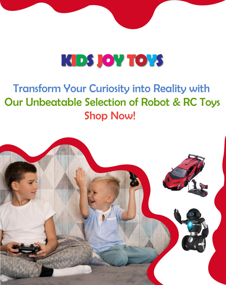 Advertisement for Kids Joy Toys featuring two children with toy controllers and robot toys.
