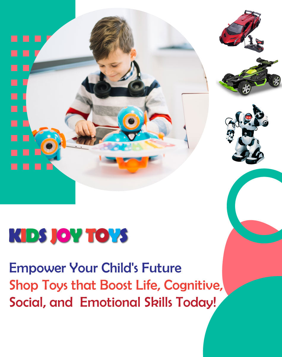 Promotional image for Kids Joy Toys with a child using a tablet and toy robots on a colorful background.