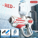 Red and white water gun with accessories.