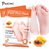 Putimi foot peel mask packaging with a close-up of feet and papaya illustration.