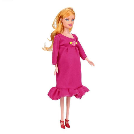 Barbie doll in a pink dress with a rose on a white background