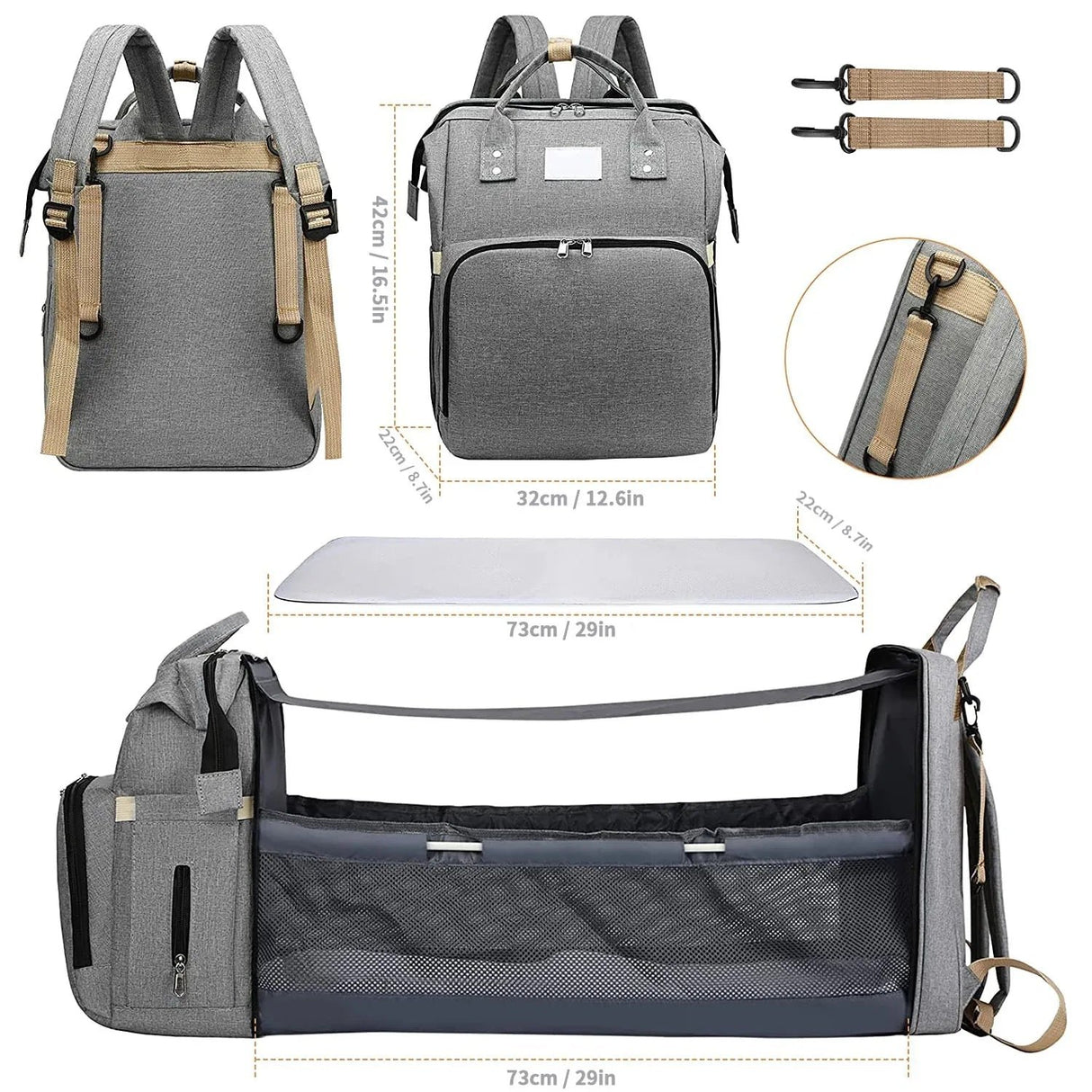 Gray backpack with dimensions and additional views.