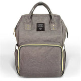 Gray backpack with a visible brand label 