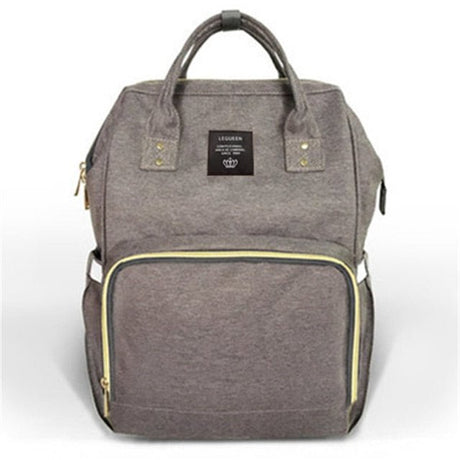 Gray backpack with a visible brand label 