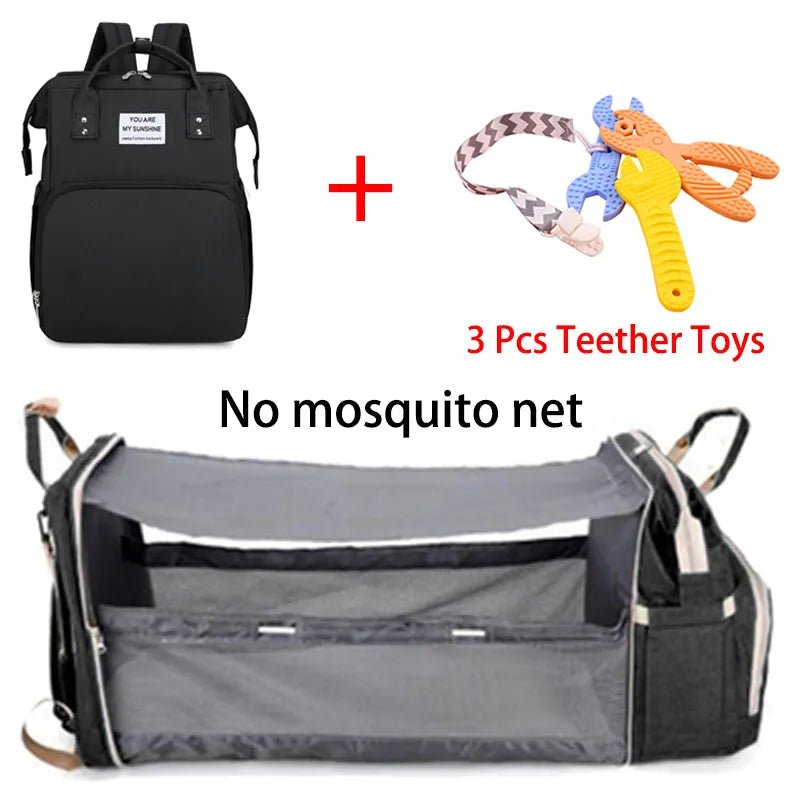 Black backpack with baby crib extension, teether toys, and mosquito net 