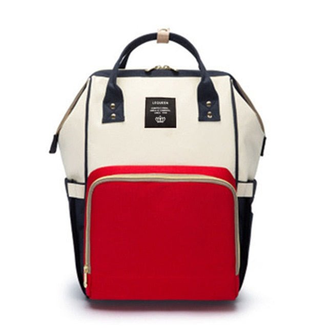 Backpack with a white, red, and black color scheme
