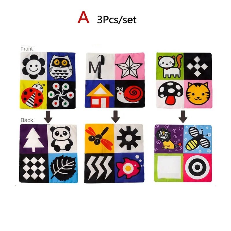 Set of 3 colorful square stickers with various designs