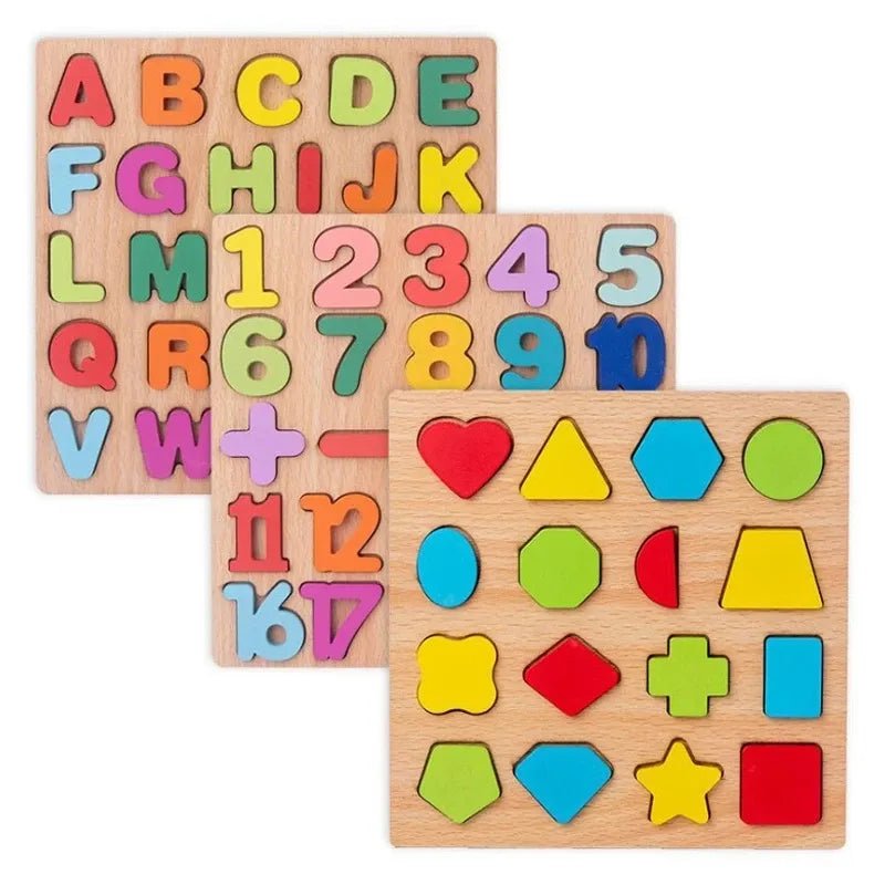 Set of wooden educational toys with letters, numbers, and shapes.