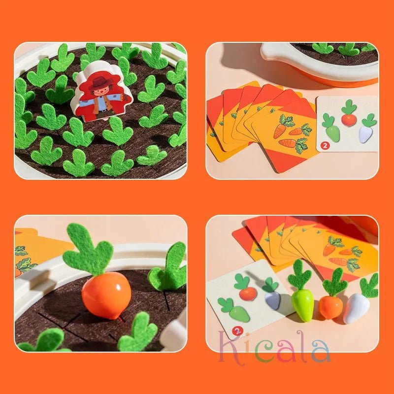 Educational toy set with felt plants, cards, and a carrot.